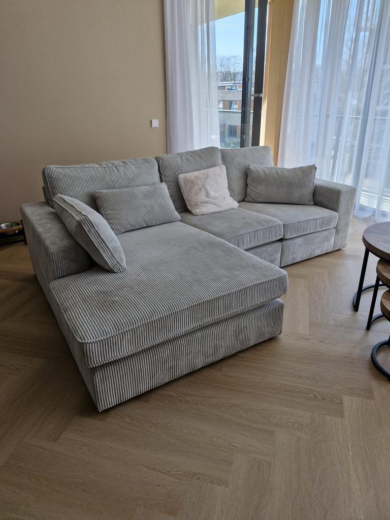 Grijze ribstof hoekbank - 250x180 cm, Ophalen, 250 tot 300 cm, Gebruikt, Hoekbank
