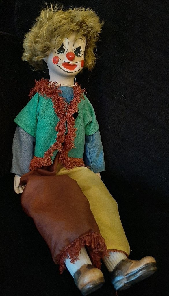 Clown pop met porseleinen hoofd, handen en voeten (48cm), Ophalen