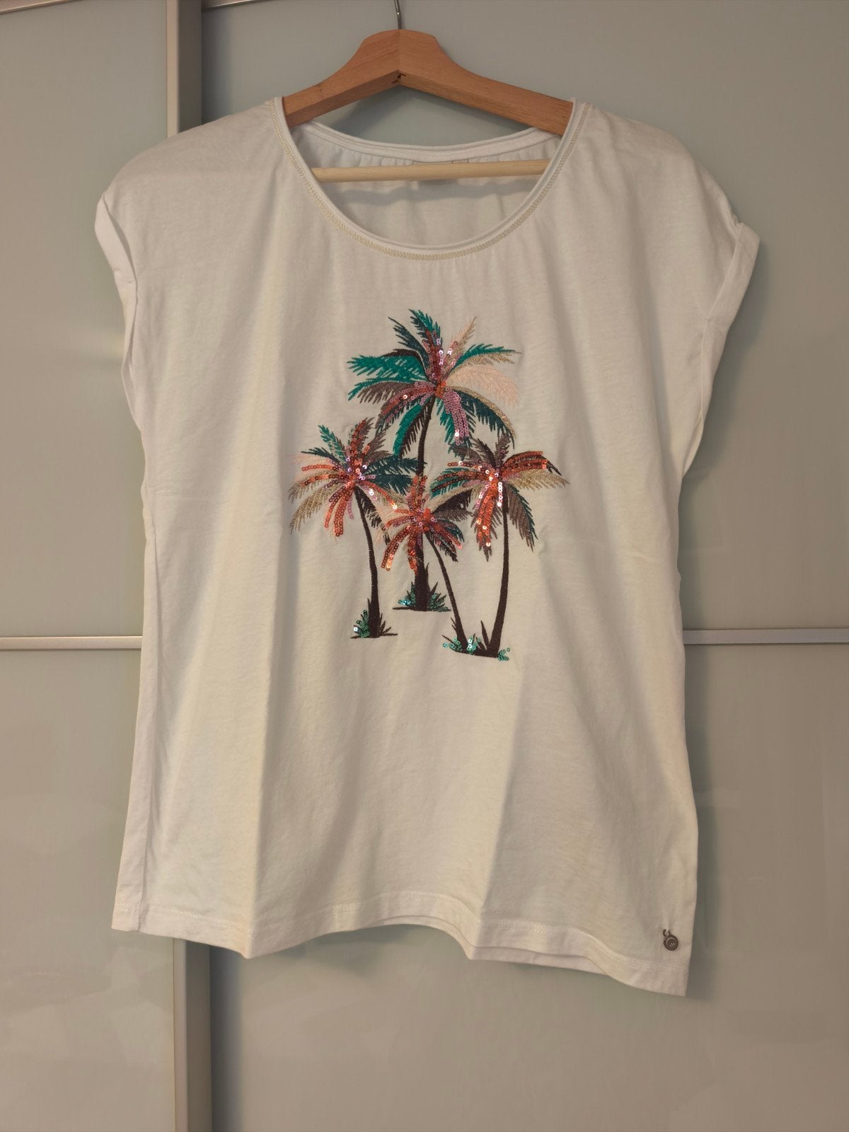 T-shirt met pailletten palmboomprint - Cream, Wit, Cream, Ophalen of Verzenden, Zo goed als nieuw