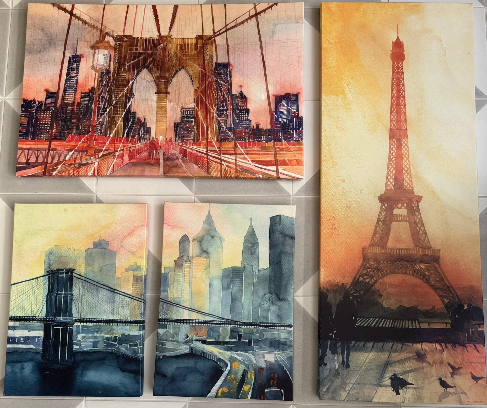 IKEA Grönby schilderijen set – Steden / Aquarel stijl, Ophalen, Minder dan 50 cm, Zo goed als nieuw, Schilderij