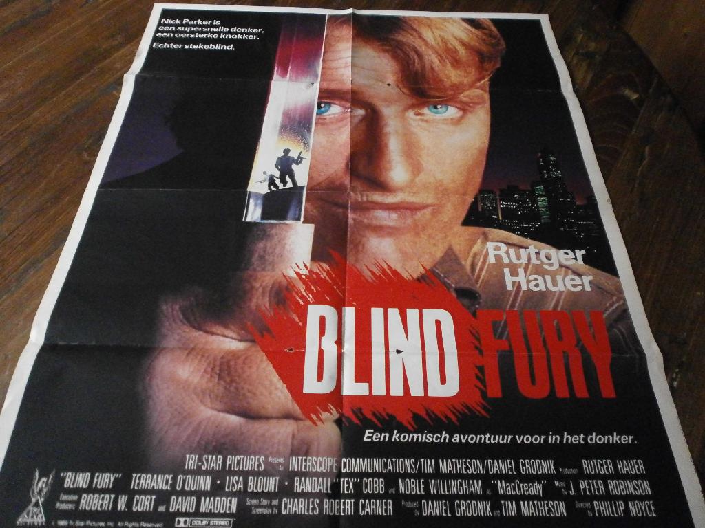 mooie xl filmposter Blind Fury met o.a Rutger Hauer., Verzenden, Zo goed als nieuw, A1 t/m A3, Film en Tv