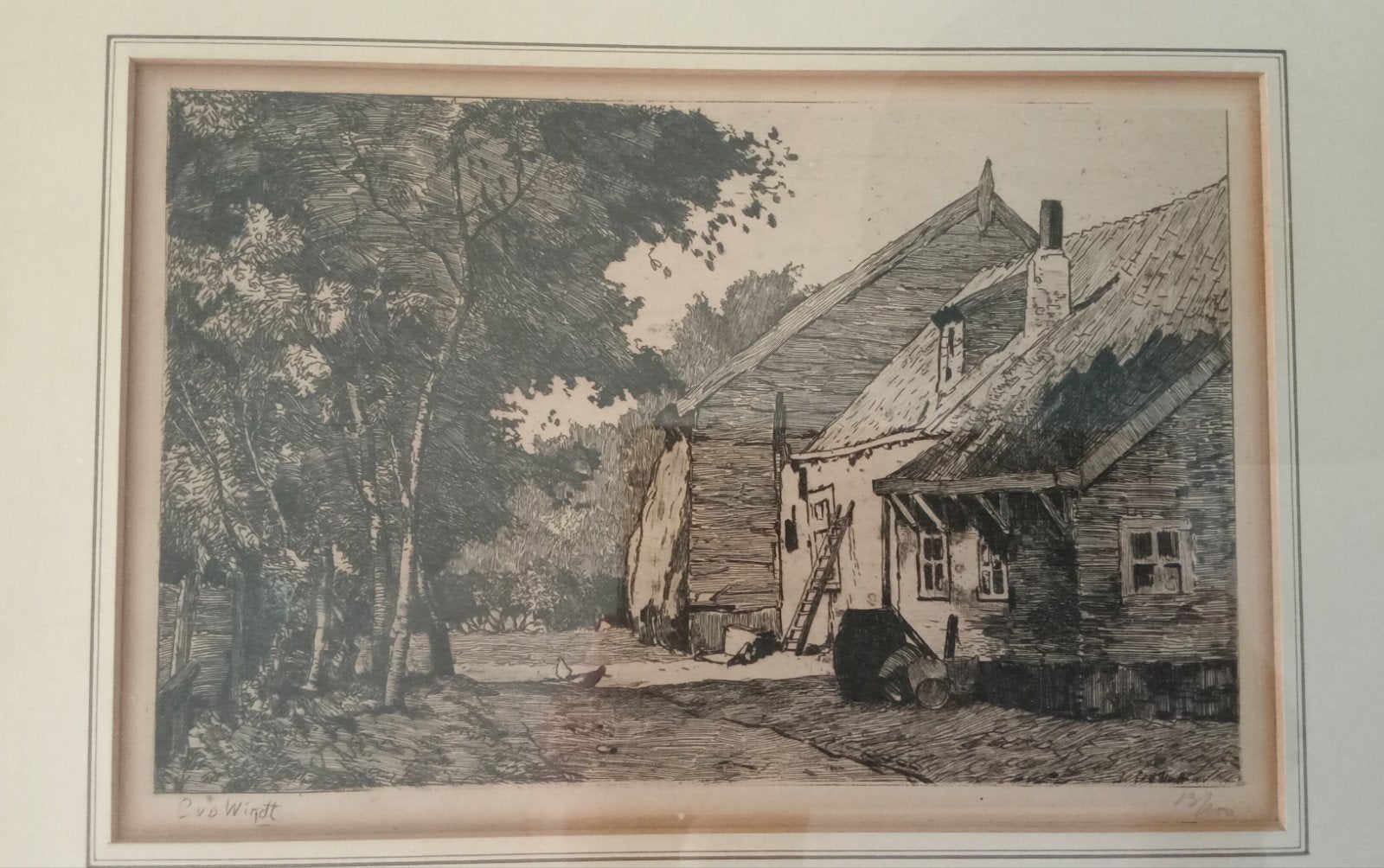 Oude boerderij ets, gesigneerd, Antiek en Kunst, Ets, Landschap, 1900 - 1949, Gesigneerd
