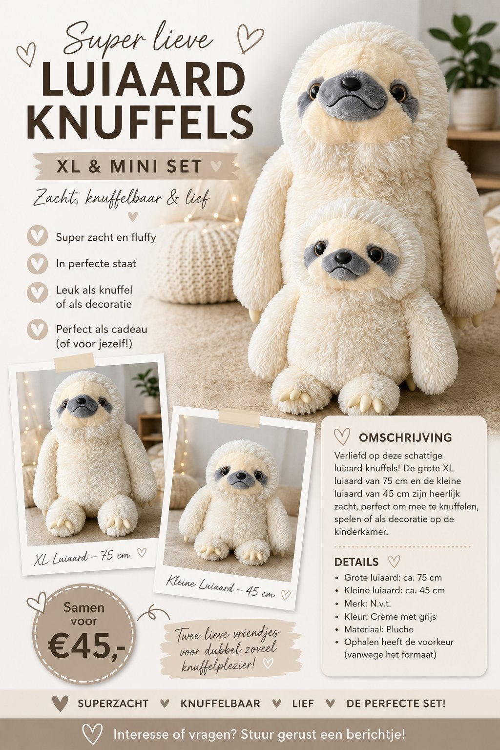 Superzachte luiaard knuffels – XL 75 cm + 45 cm – leuke set, Ophalen, Overige typen, Zo goed als nieuw, Middelgroot (20 tot 80 cm)