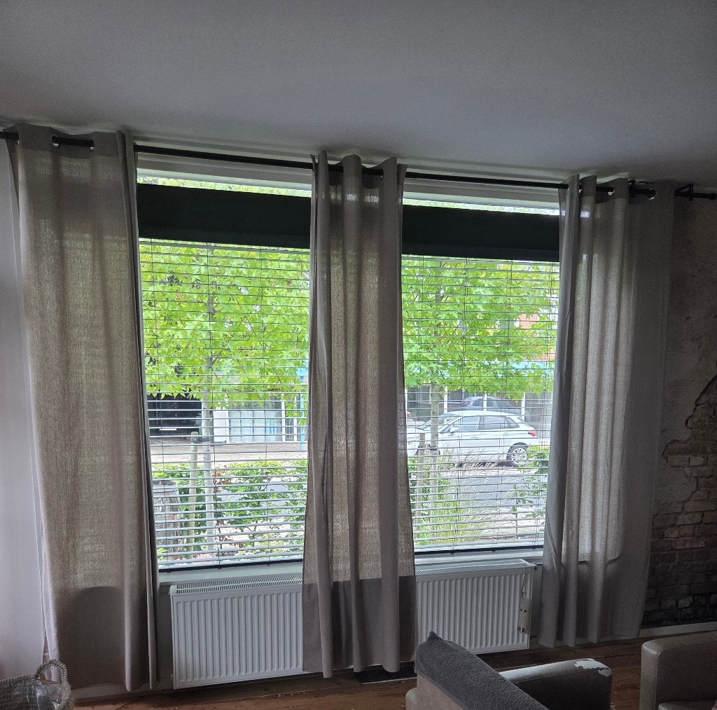 Beige gordijnen (3x) incl. roede, 150 cm, Beige, Ophalen of Verzenden, Gordijn