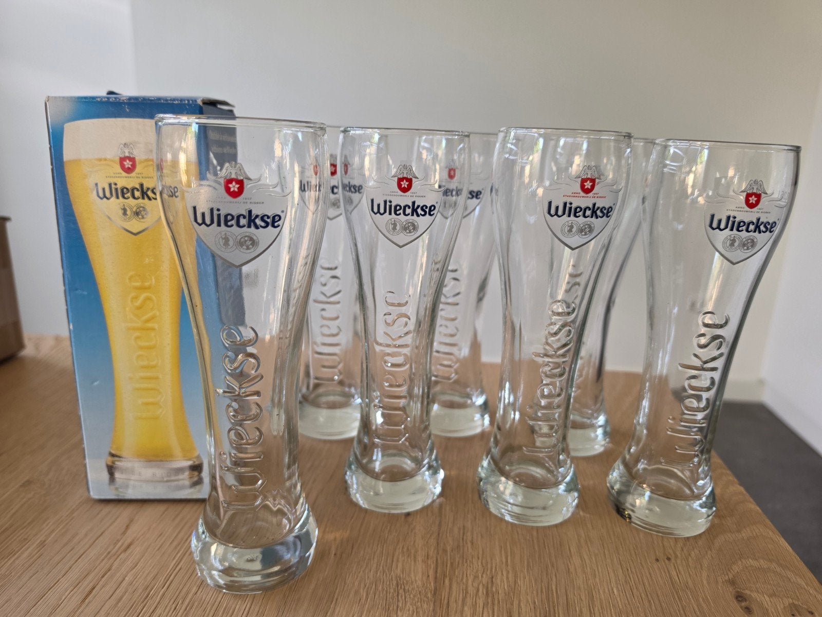Set van 8 Wieckse Witte bierglazen - teab, Ophalen of Verzenden, Zo goed als nieuw, Overige merken, Glas