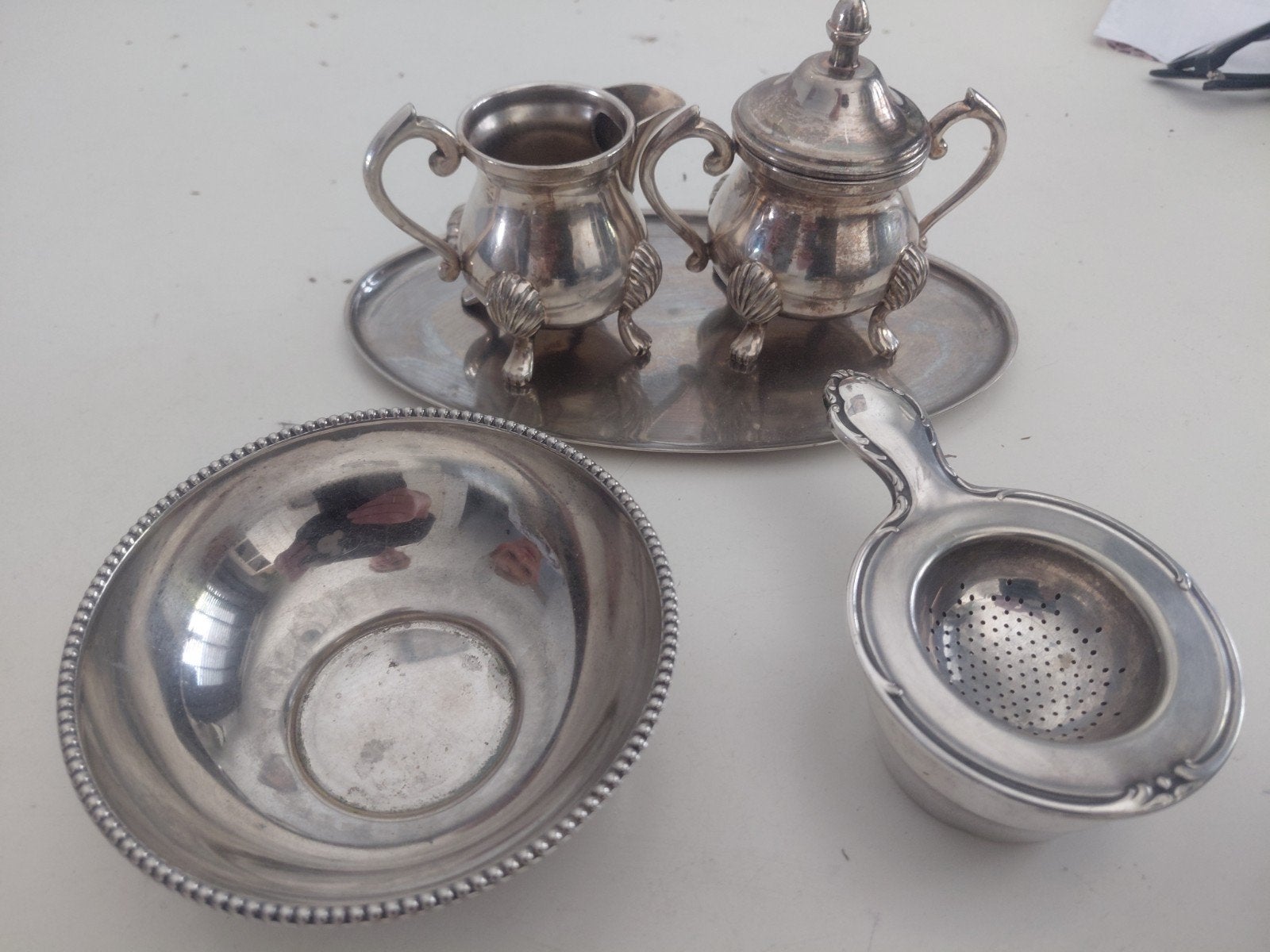 Antieke verzilverd  theeset met suikerpot en melkkan, Ophalen of Verzenden, Zilver