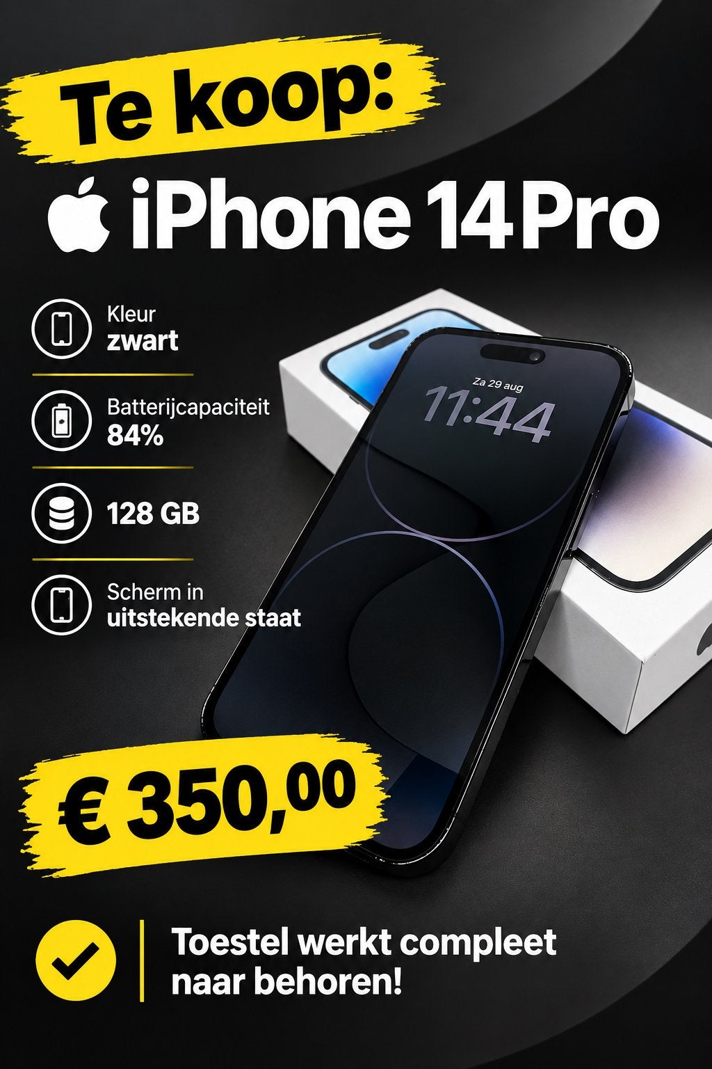 iPhone 14Pro 128GB, Zwart, Ophalen of Verzenden, Zo goed als nieuw, 84 %