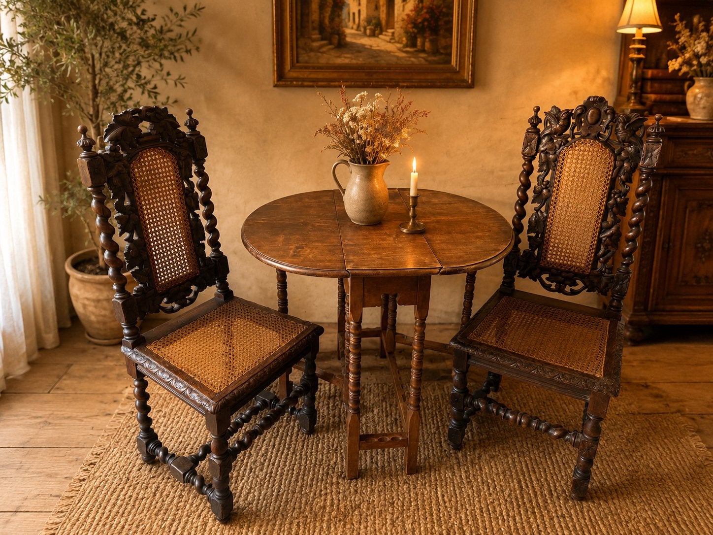 Antieke massief houten set: inklapbaar tafeltje en 2 stoelen, Ophalen of Verzenden