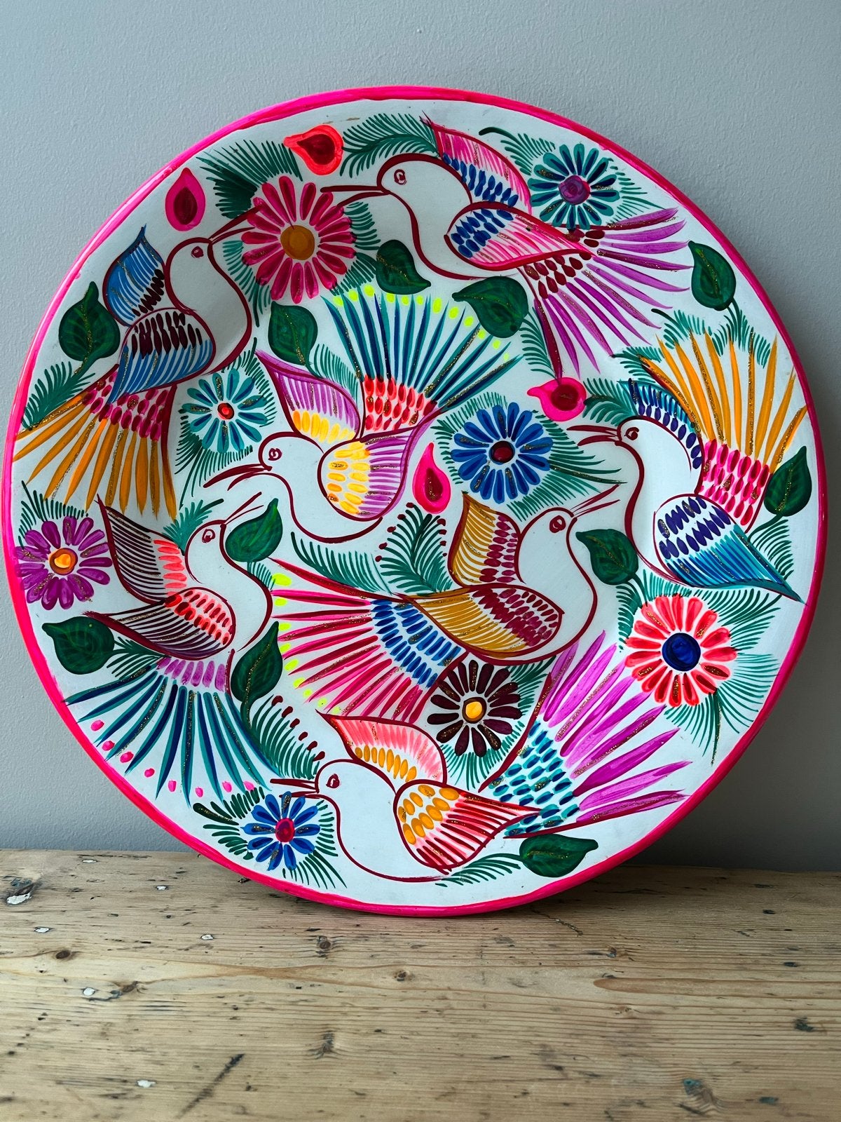 Kleurrijk Wandbord met Vogels - Handgeschilderd, 40 cm, 40 cm, Ophalen of Verzenden, Zo goed als nieuw, Wandbord of Wandpaneel