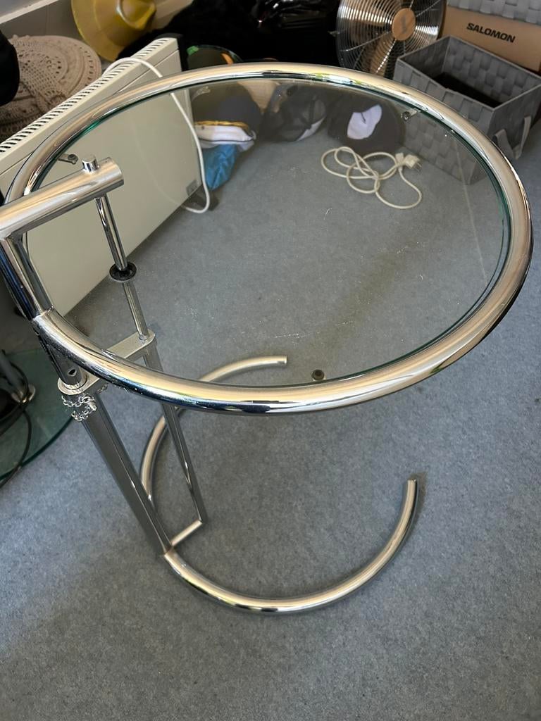 Design bijzettafel / lees­tafel – chroom & glas verstelbaar, Ophalen, Minder dan 55 cm, Rond, 60 cm of meer