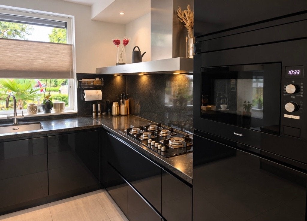 ✨LUXE ZWARTE HOOGGLANS GREEPLOOS KEUKEN+APPARATUUR✨, Ophalen, Zwart, Hoekkeuken, Graniet of Steen