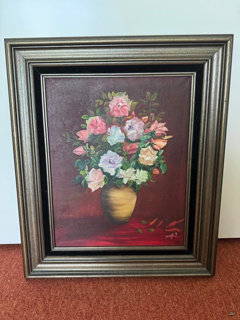 Schilderij Maas: Kleurrijk Bloemenstilleven in Vaas, Antiek en Kunst, Kunst | Schilderijen | Klassiek, Ophalen of Verzenden