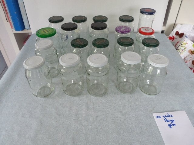 20 Hoge glazen potten met schroefdeksel voor jam inmaak, Ophalen of Verzenden, Zo goed als nieuw, Glas, Pot, Bus of Blik