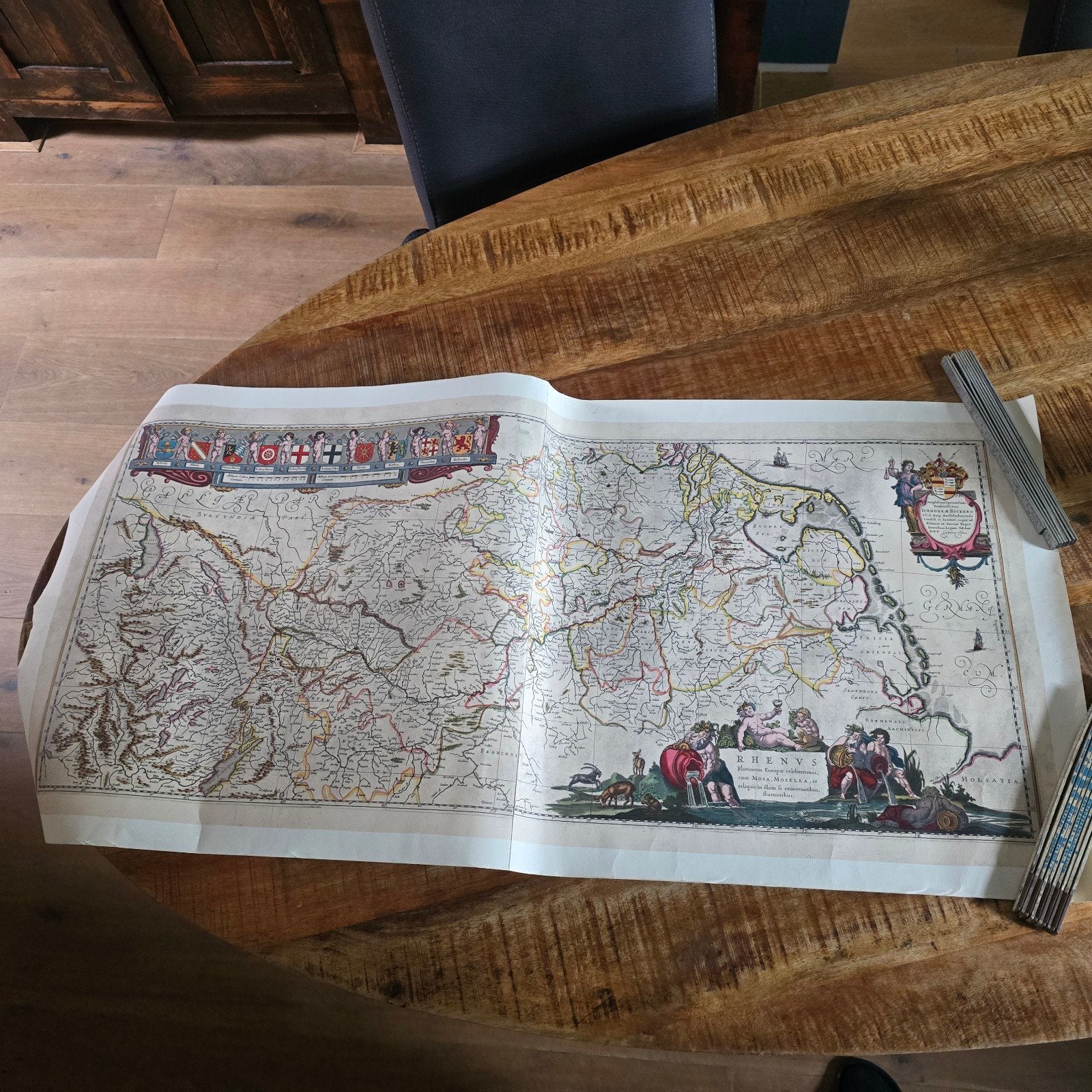 Rijnkaart Rhenus - Willem Blaeu 107×51 cm, Gelezen, Willem Janszoon Blaeu, Voor 1800, Landkaart