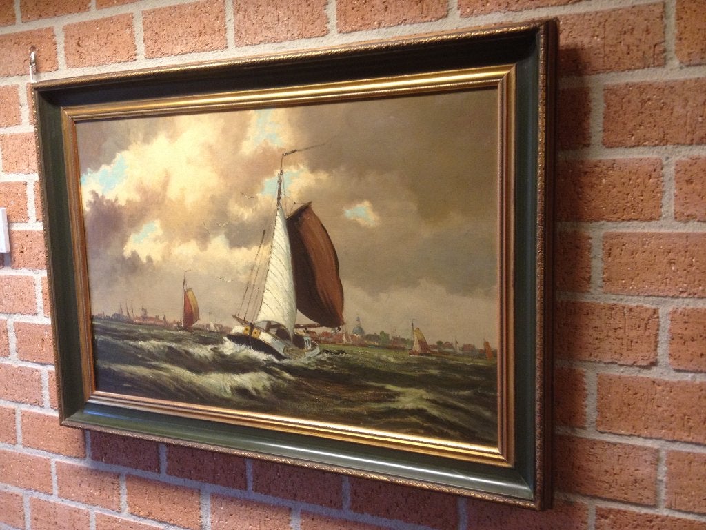 Schilderij, tjalken op het IJsselmeer., Ophalen, Maritiem / water, Nederlandse school, Doek