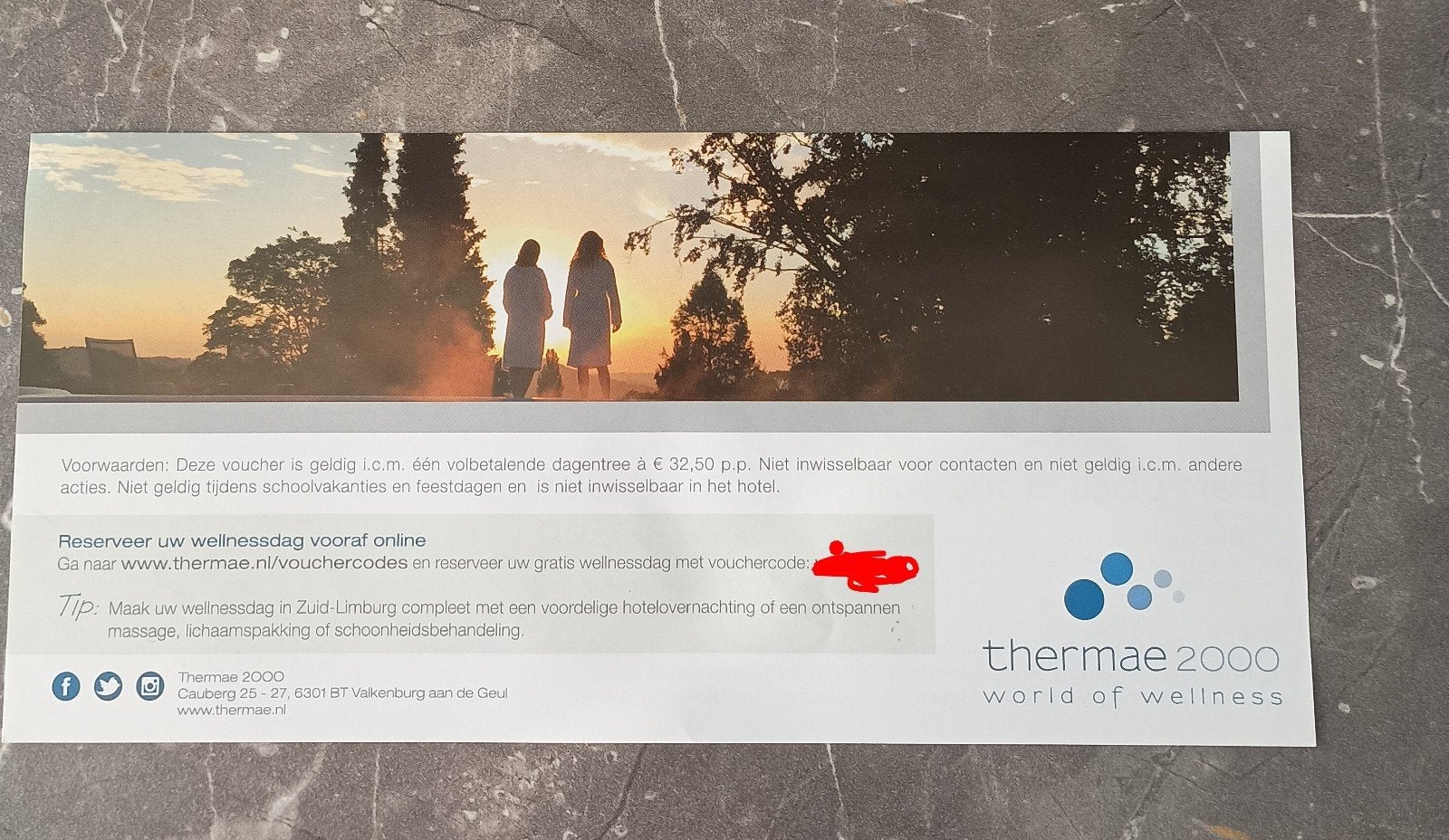 Voucher Thermae 2000 – dagentree t.w.v. €32,50, Ophalen, Overige typen
