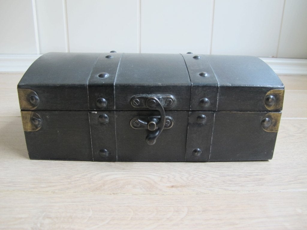 Vintage houten opbergkistje met metalen beslag, Hout, Ophalen of Verzenden, Industrieel, Gebruikt