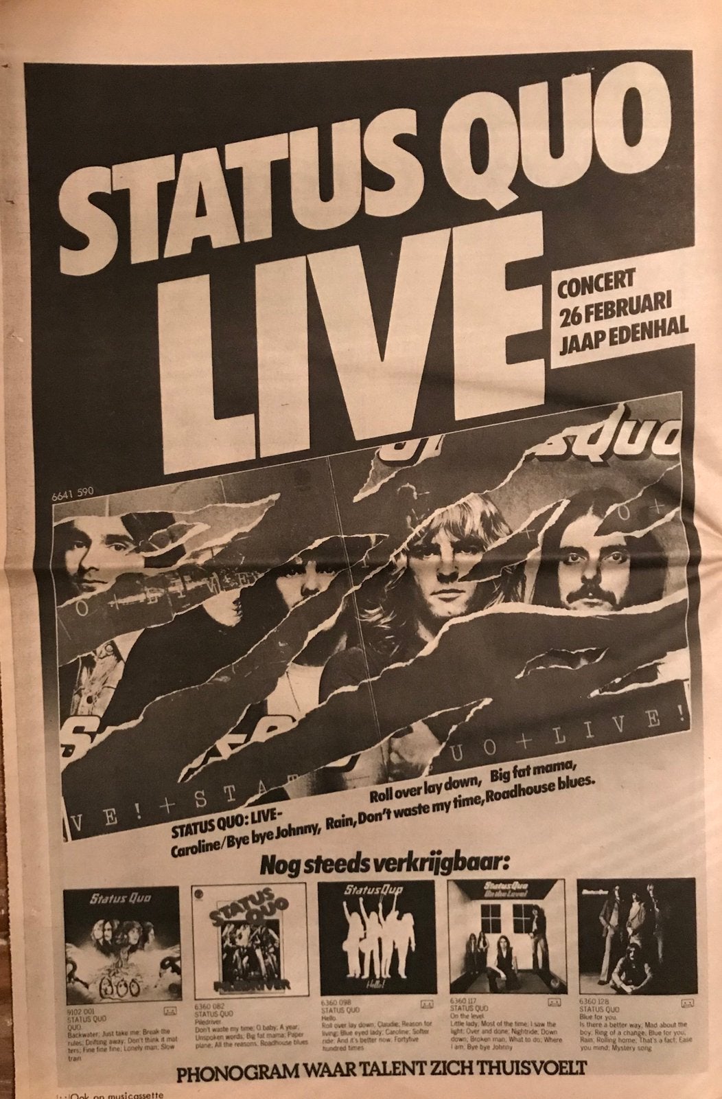 Paginagrote A3 advertentie STATUS QUO Live Edenhal 1977 tour, Ophalen of Verzenden, Gebruikt