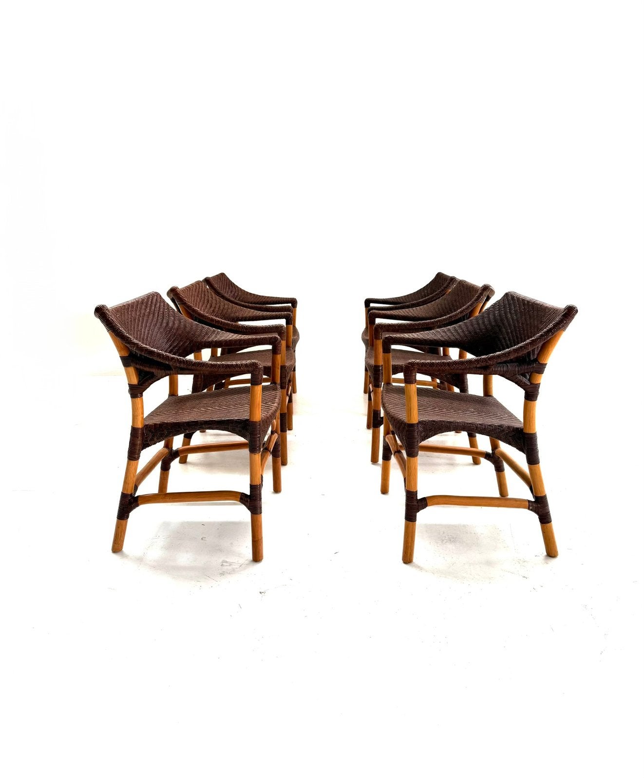 Set van 6 rotan eetkamerstoelen, Yuzuru Yamakawa ‘90, Huis en Inrichting, Yuzuru Yamakawa, Vintage retro buisframe design rotan webbing papercord deens