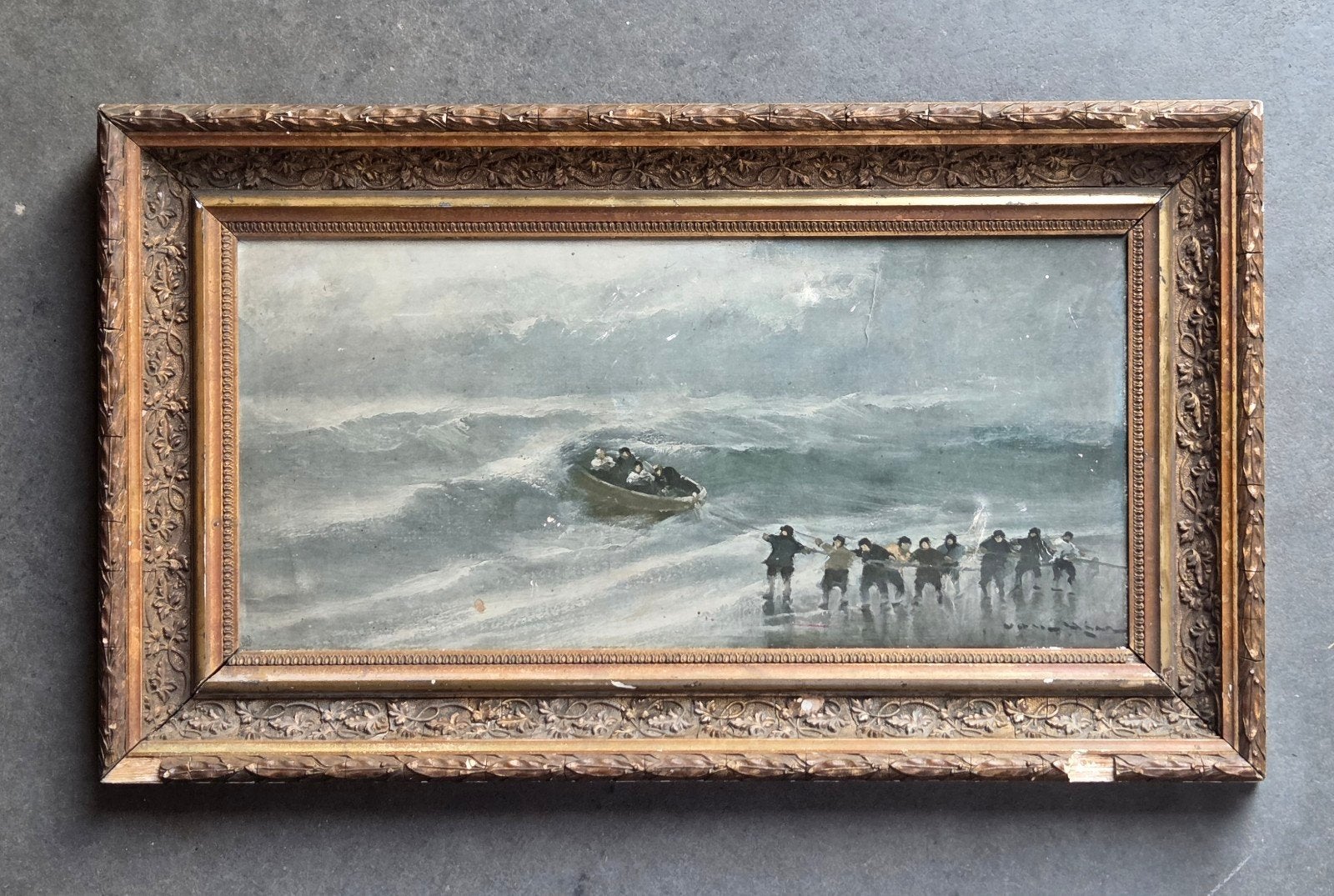 oud antiek schilderij barok lijst afbeelding zee mensen boot, Ophalen of Verzenden