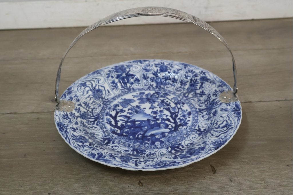 Antiek Chinoiserie oosters bord met echt zilveren handvat, Antiek en Kunst, Ophalen of Verzenden