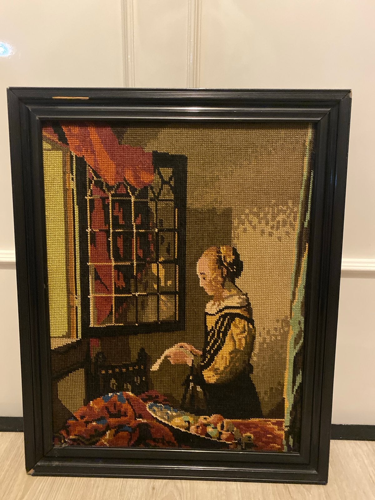 Borduurwerk 'Meisje met de Parel' in lijst 44x55cm, Ophalen, Doek, Portret of Personen, Overige technieken