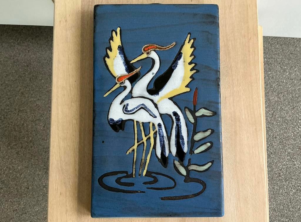Keramiek Ceramano wandpaneeltje kraanvogels reigers tegel, Antiek en Kunst, Antiek | Keramiek en Aardewerk, Ophalen of Verzenden