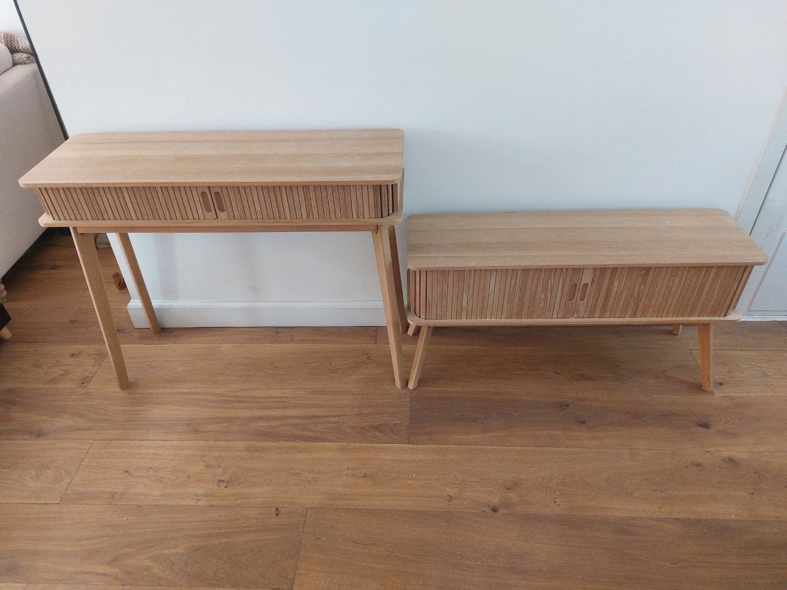 Houten bijzettafeltjes met rol/schuifdeurtjes, Gebruikt, 75 cm of meer, Modern, Rechthoekig