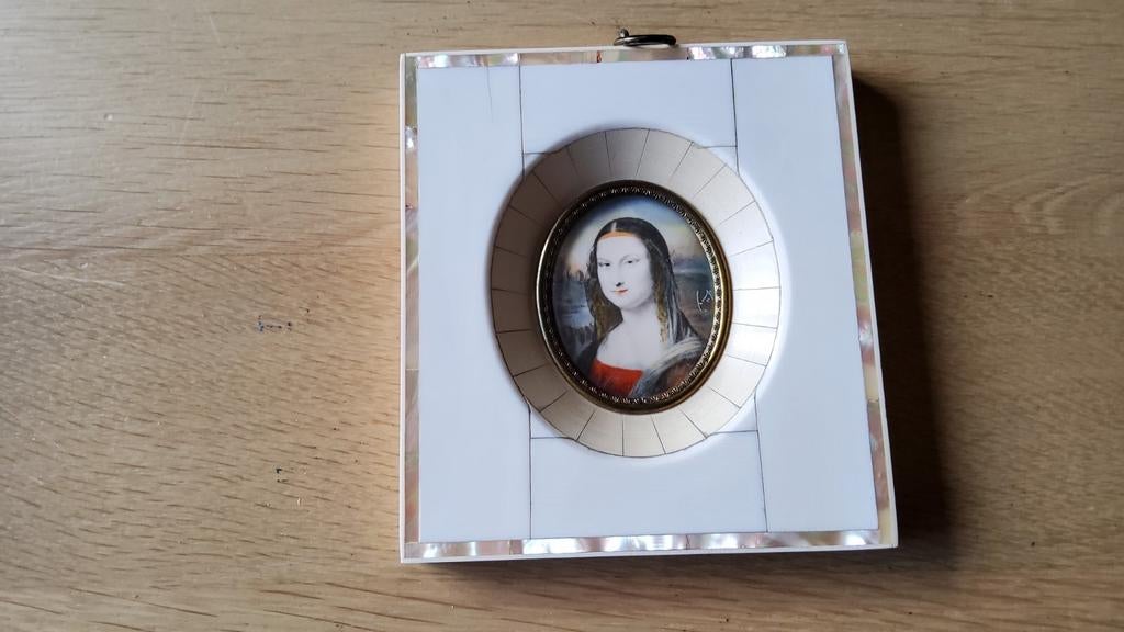 Antiek Victoriaans schilderijtje miniatuur Mona Lisa., Antiek en Kunst, Ophalen of Verzenden