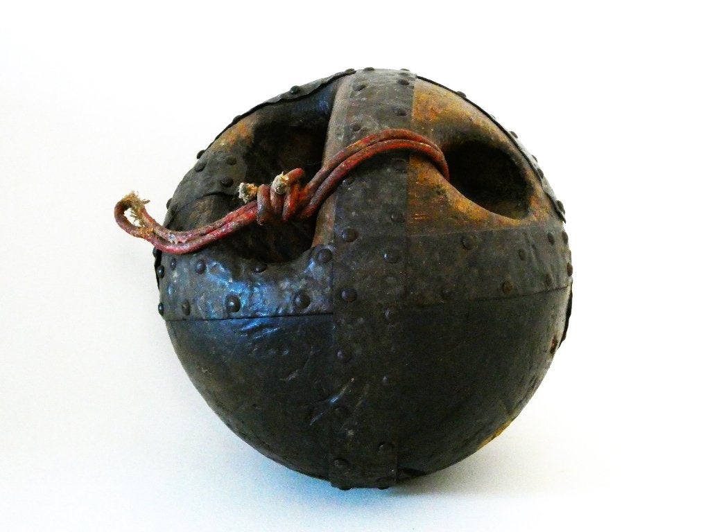 Antiek houten kegelbal bowlingbal bal smeedijzer beslag 19e, Ophalen of Verzenden