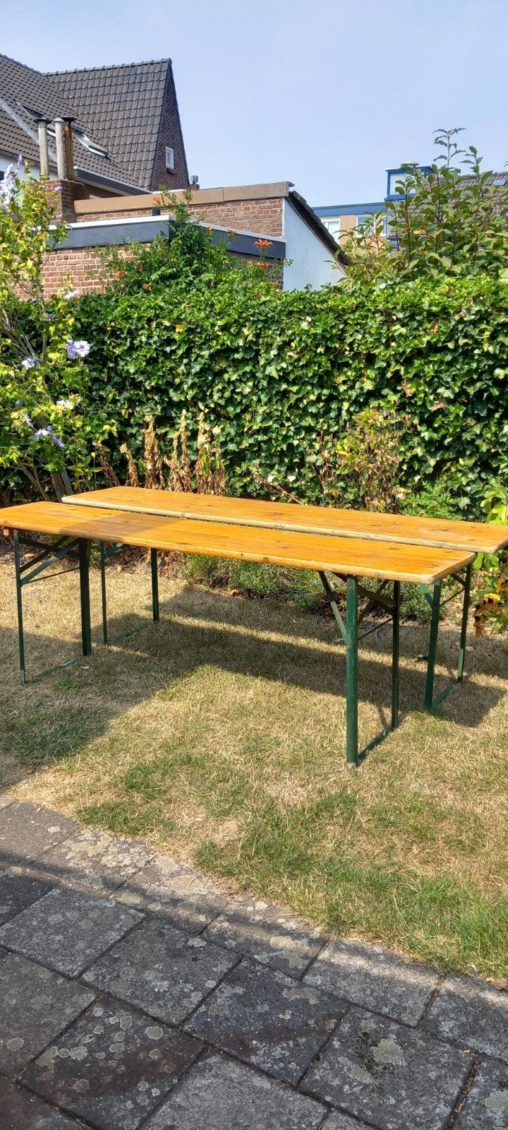 Te koop: twee biertafels, Tuin en Terras, Picknicktafels, Ophalen, Gebruikt, Rechthoekig, Hout