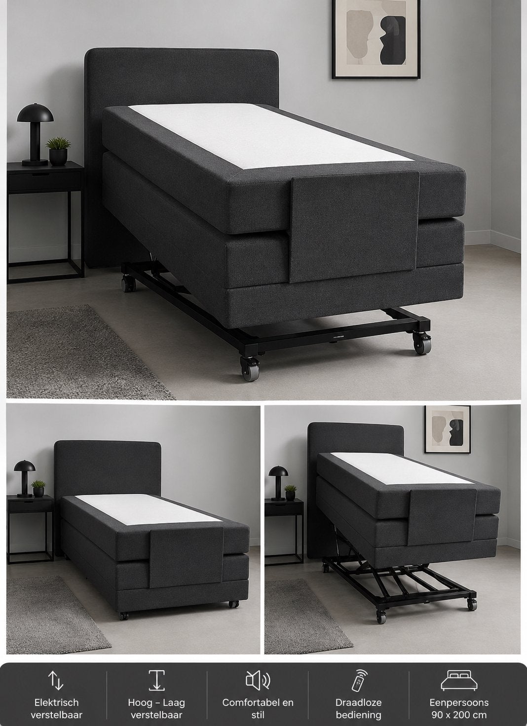 Hoog-Laag Boxspring | Elektrisch Verstelbaar | Eenpersoons, Verzenden, Beige, 200 cm, 160 cm