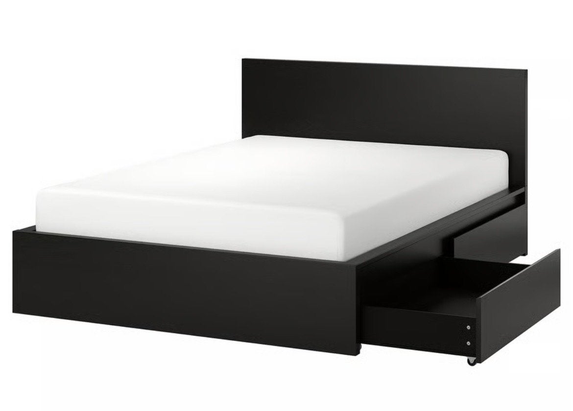 Bed met opberglades (IKEA Malm) 140x200, Ophalen, Gebruikt, Zwart, Tweepersoons