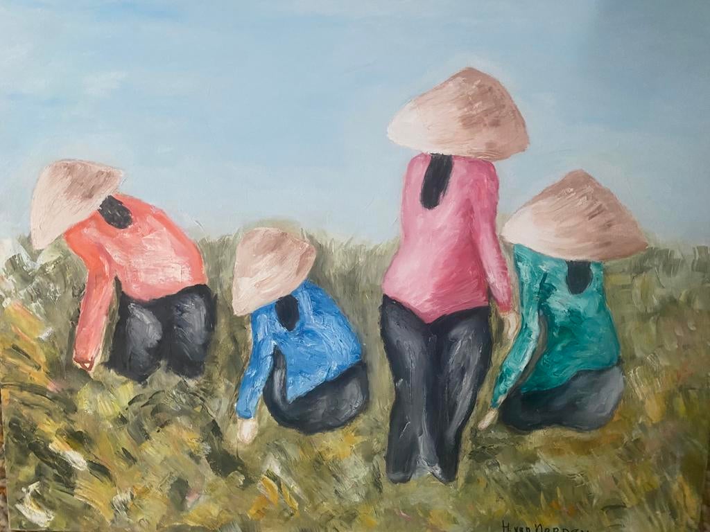 Vietamees  dames theepluksters 80 x 90 cm schilderij, Antiek en Kunst, Ophalen