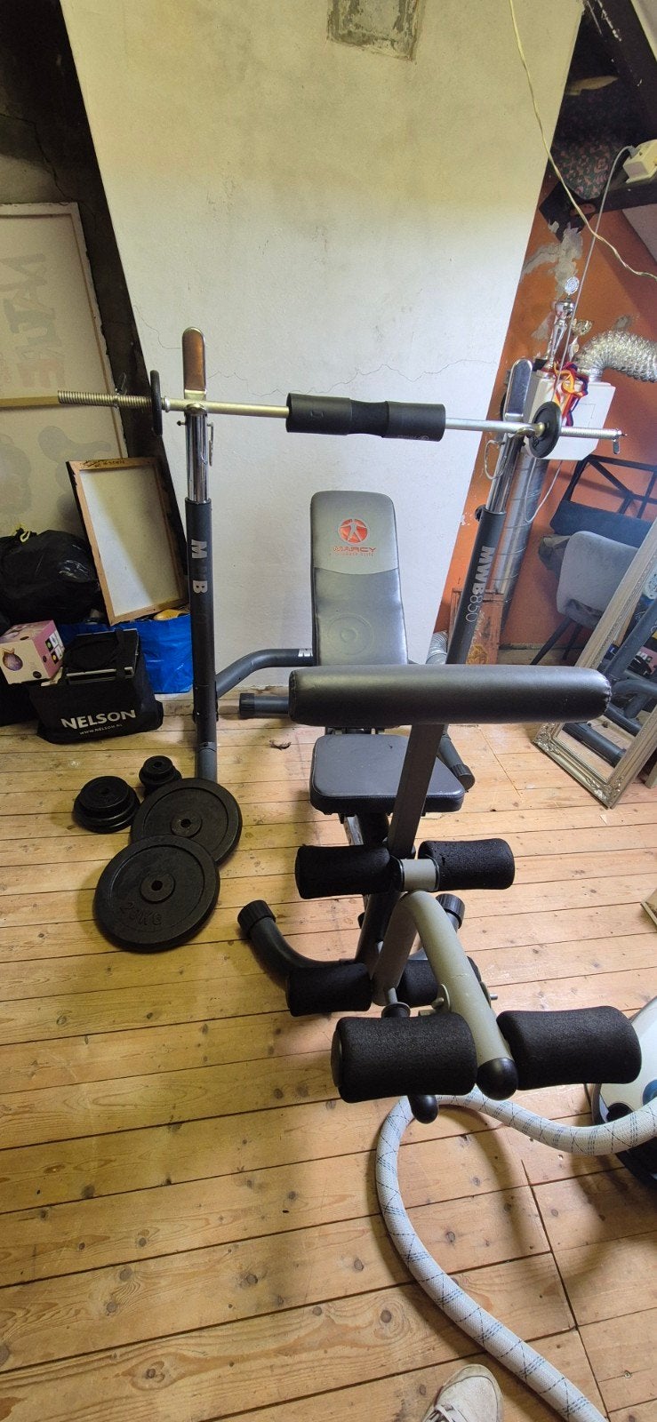Fitnessbank met halterstang en gewichten, Sport en Fitness, Ophalen