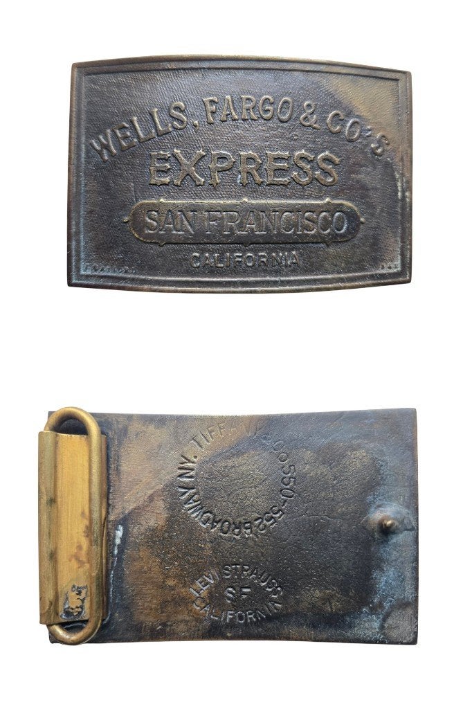 Vintage Tiffany and Co Wells Fargo SF Brass Belt Buckle 70s, Losse buckle of gesp, Zwart, Minder dan 95 cm, Ophalen of Verzenden