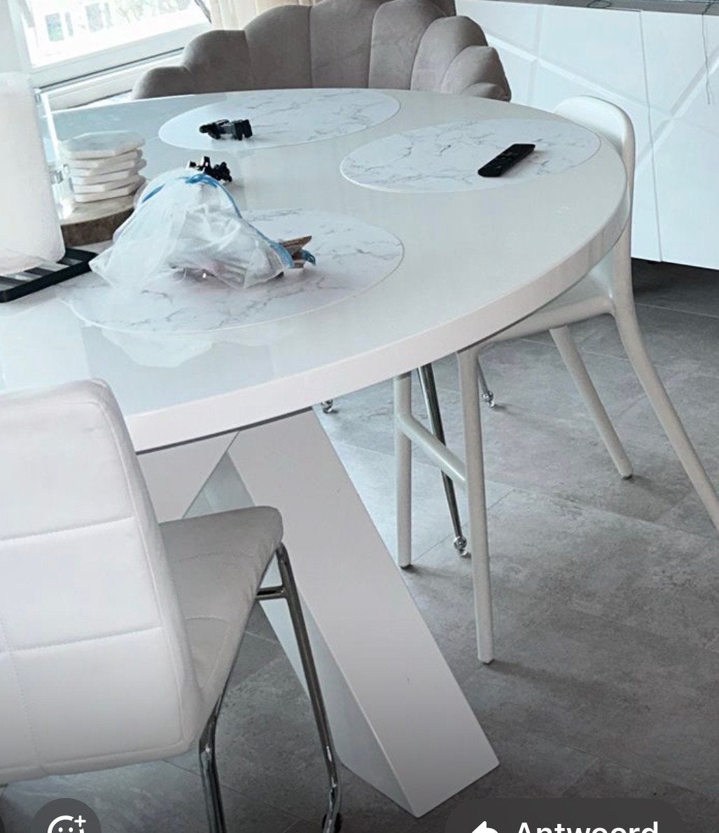 Eettafel Rond Wit Hooglans 140cm, Ophalen of Verzenden, Zo goed als nieuw, Rond, 100 tot 150 cm