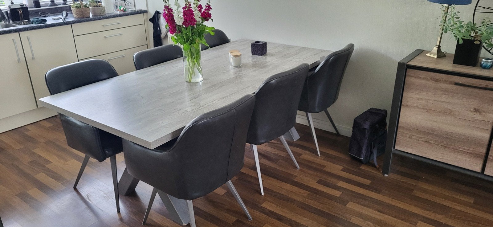 Eettafel 200x100cm met 6 kuipstoelen - Grijs/Zwart, Ophalen, Gebruikt, 100 tot 150 cm, Vijf personen of meer