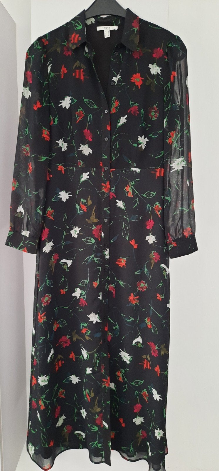 Esprit Zwarte Jurk met Bloemenprint - Maat 36 (S), Zwart, Ophalen of Verzenden, Zo goed als nieuw, Maat 36 (S)
