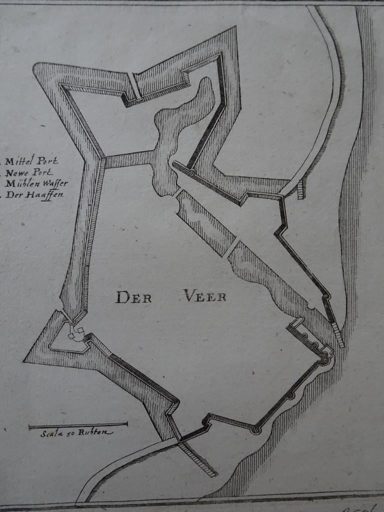 Gravure plattegrond Veere, Zeeland, Caspar Merian 1659, Antiek en Kunst, Verzenden, Cartografie, 1600 - 1699, Gravure
