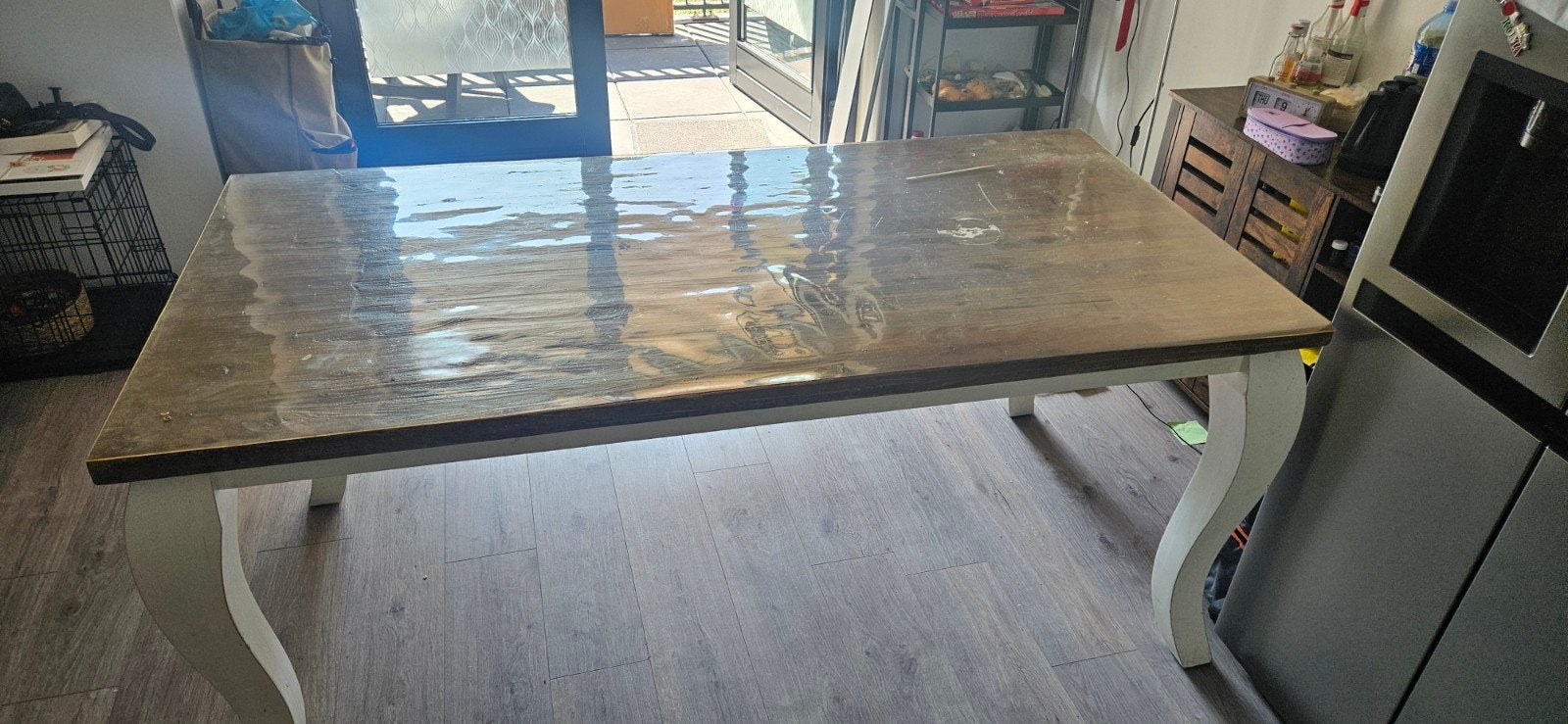 Ruime eettafel voor 6-8 personen met houten blad, Huis en Inrichting, Tafels | Eettafels, Gebruikt, 50 tot 100 cm, Vijf personen of meer