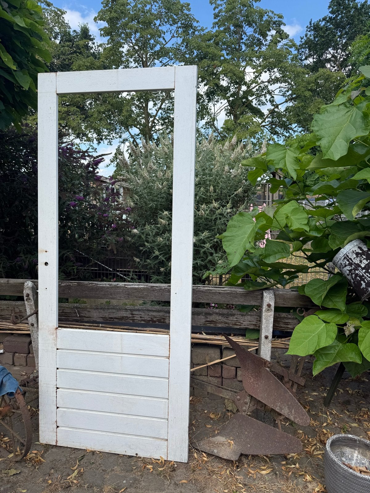 Hardhouten tuindeur 201x88cm, linksdraaiend, zonder glas, Ophalen, Gebruikt, 80 tot 100 cm, Buitendeur