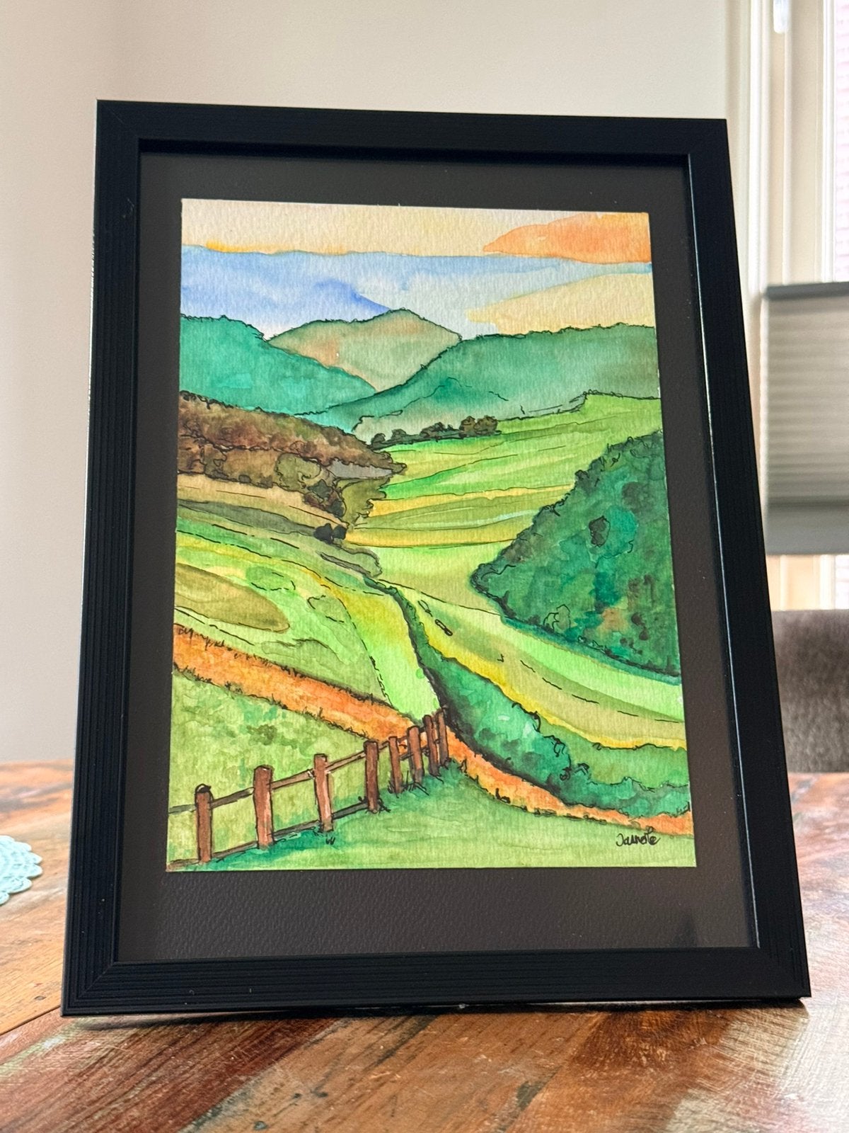 Landschap aquarel in lijst  natuur, Antiek en Kunst, Verzenden, Papier, Handgeschilderd, Landschap
