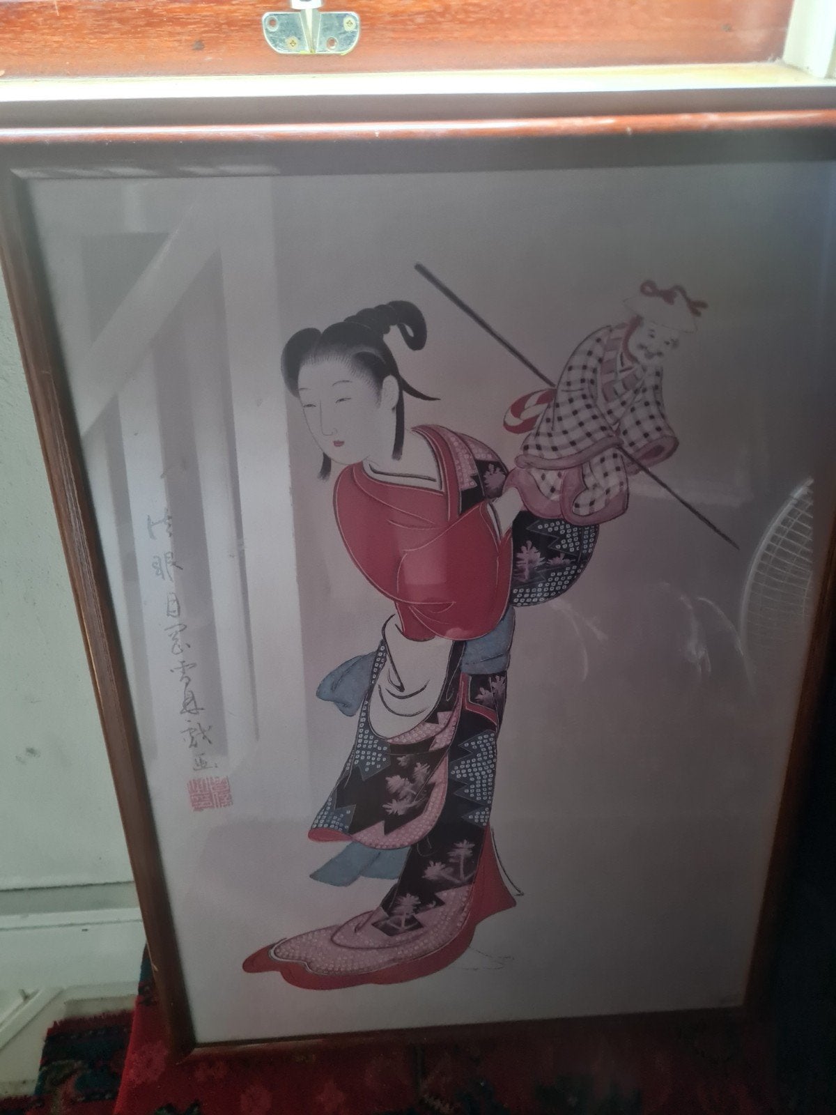 Grote Japanse schildering: Vrouw met pop, Tsukioka Settei, Ophalen, Schilderij, Geschilderd, Papier/karton
