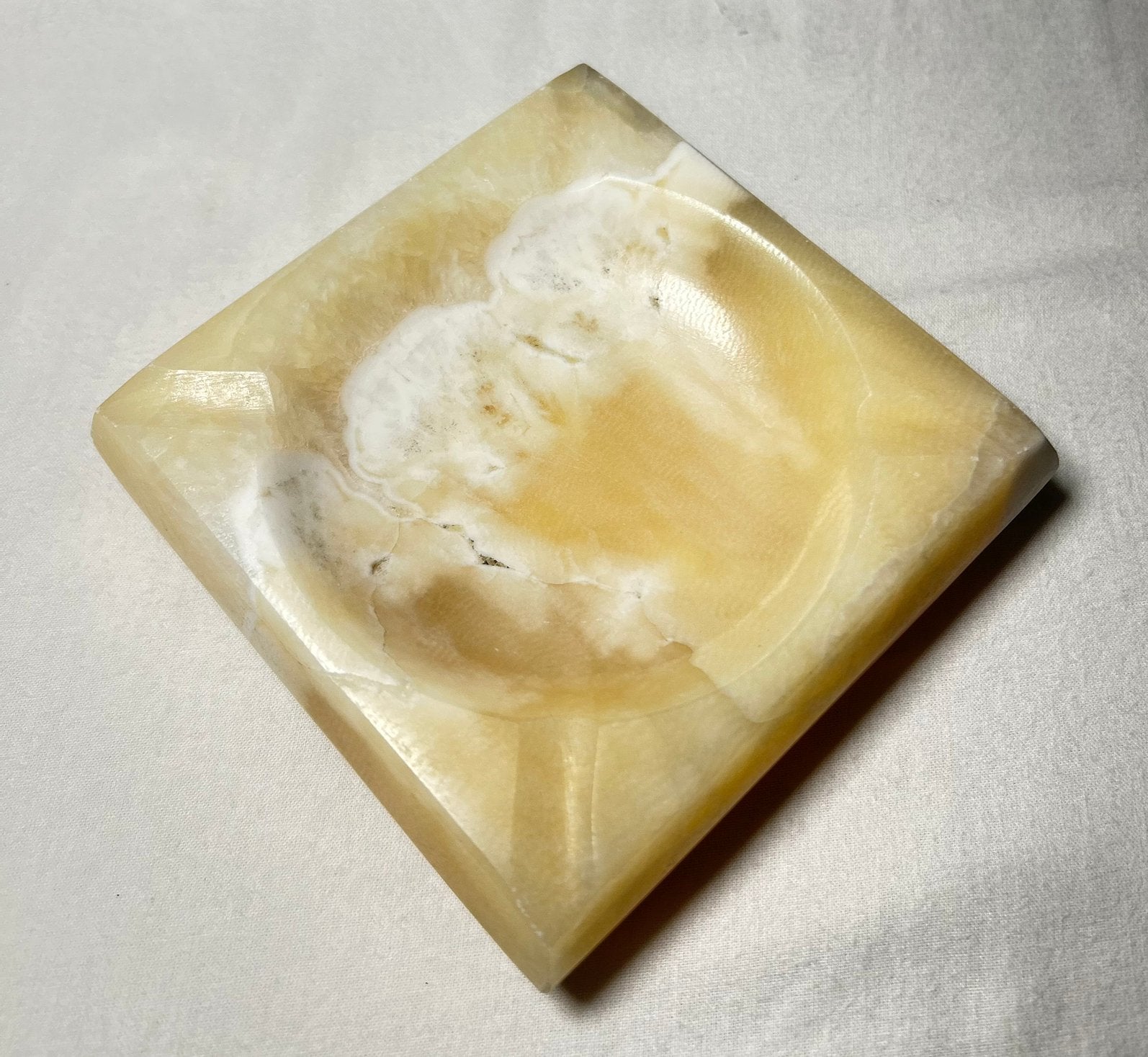 Edelsteen gele calciet schaal/ asbak 11,5 x 11,5 x 3 cm, Ophalen of Verzenden, Zo goed als nieuw, X, X