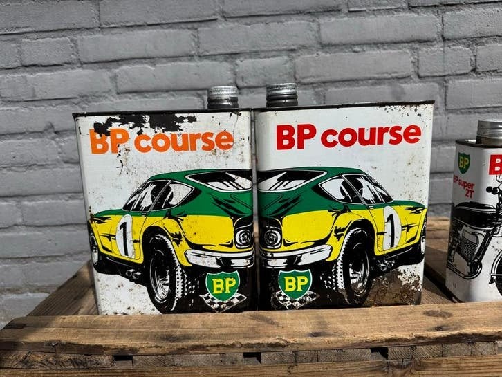 Vintage BP Course Olieblikken - Set van 2, Verzamelen, Ophalen, Gebruikt, ., Verpakking