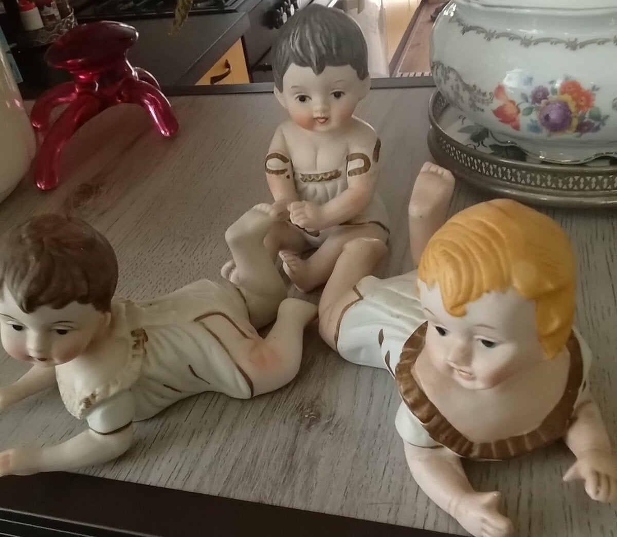 drie piano baby's biscuit beeldjes vintage, Ophalen of Verzenden