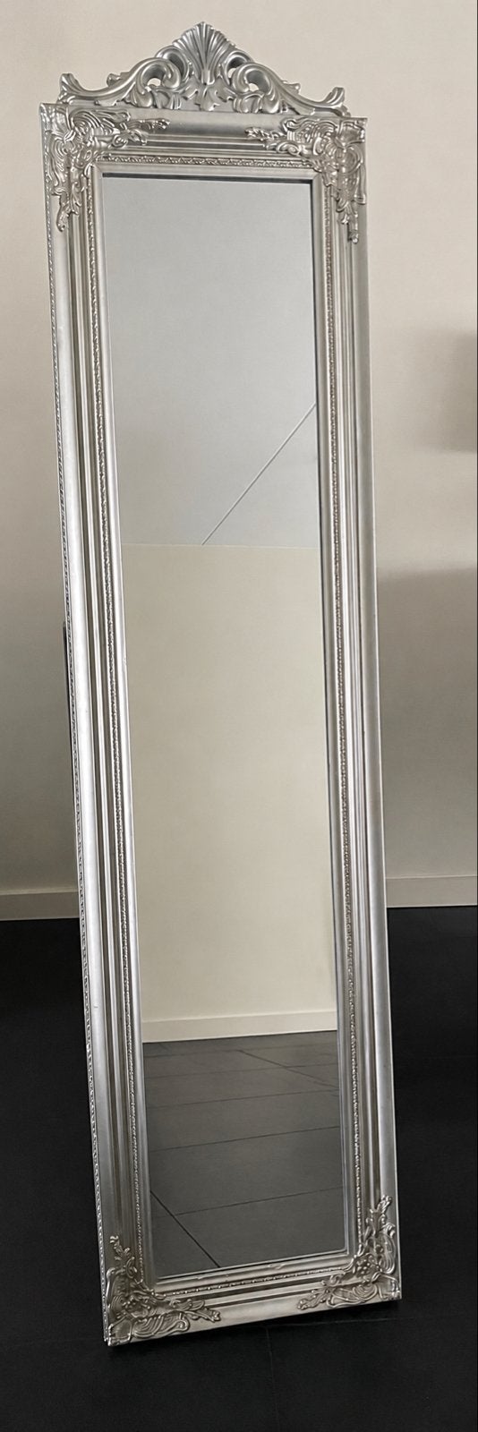 Grote zilveren spiegel met barok lijst, Antiek en Kunst, Ophalen, Rechthoekig, 50 tot 100 cm, 200 cm of meer