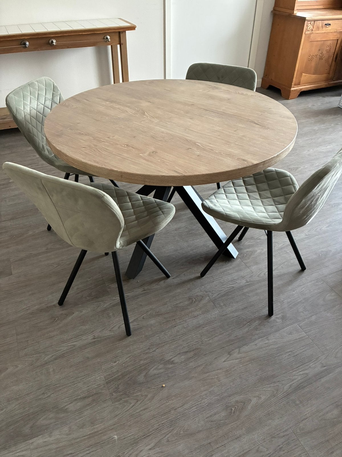 Eettafel 120 cm met 4 stoelen, Huis en Inrichting, Tafels | Eettafels, Ophalen, 100 tot 150 cm, Rond, Zo goed als nieuw