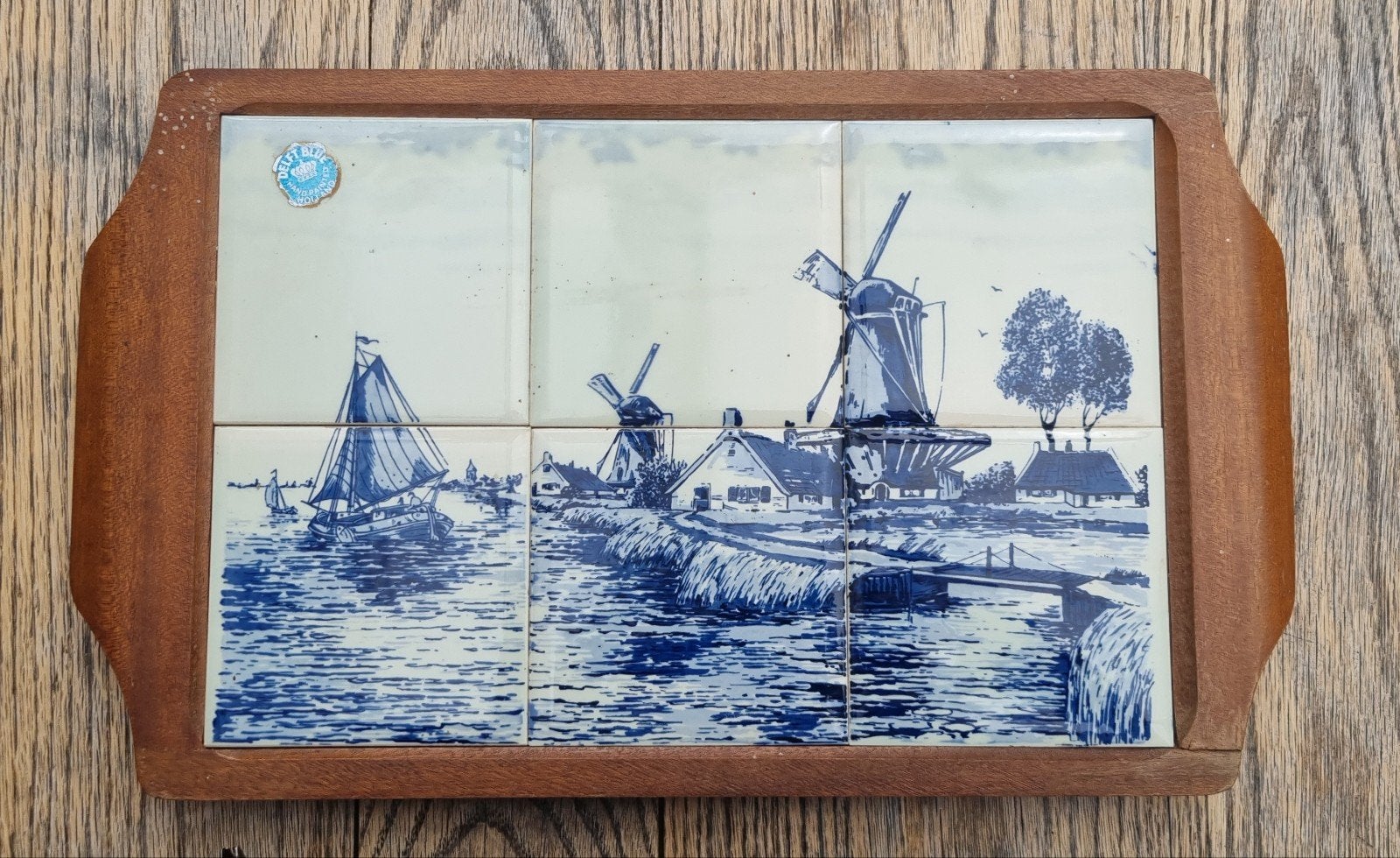 Delfts blauw antiek vintage houten dienblad tegeltableau, Ophalen of Verzenden